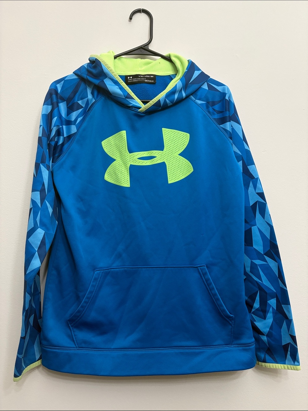 Under Armour Blue Hoodie with Neon Green Logo & Geometric Sleeves- like new